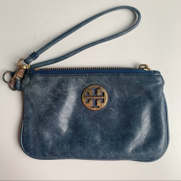 Tory Burch blue leather wristlet pouch - Picture 1 of 16